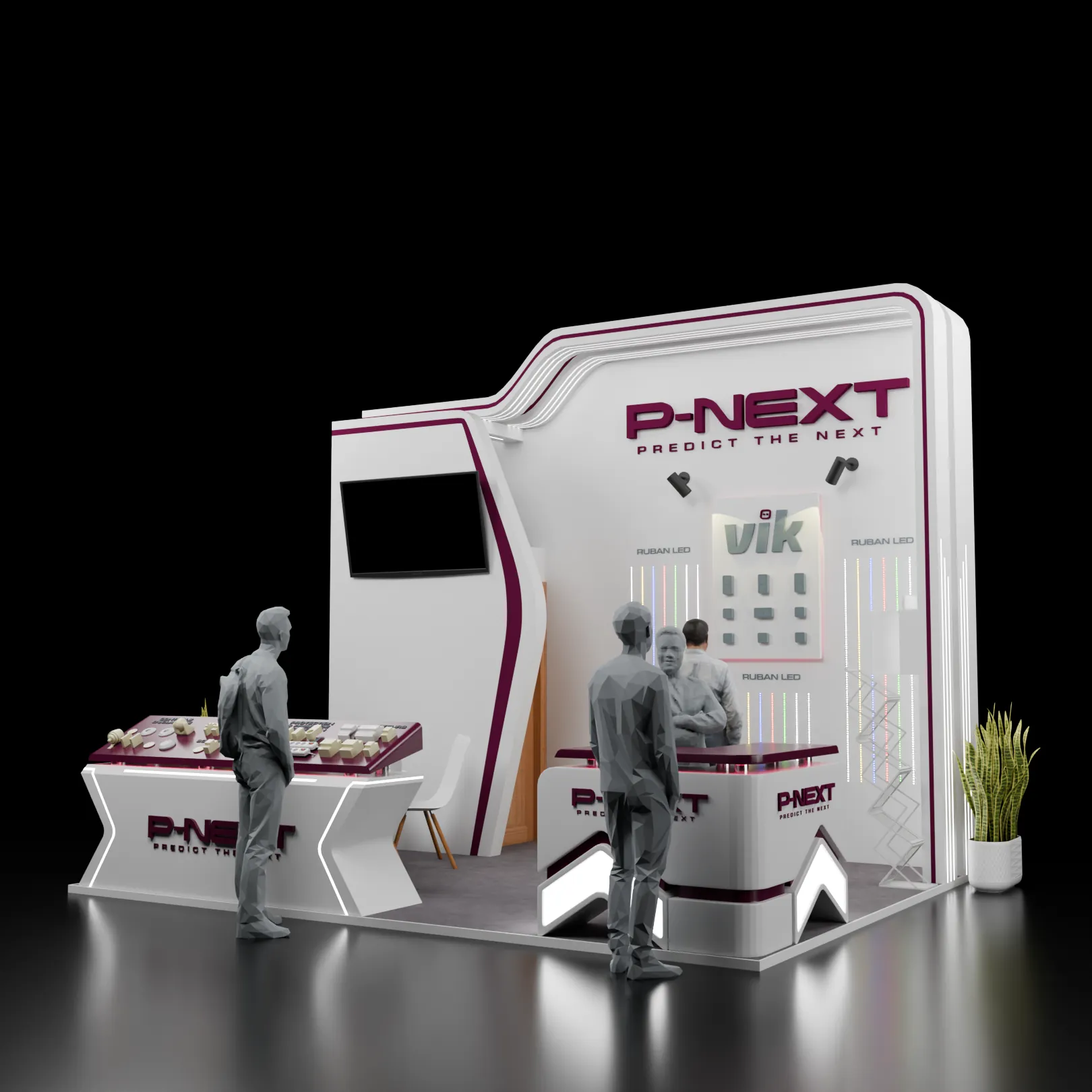 Stand d'exposition P-NEXT, rendu 3D blanc et bordeaux